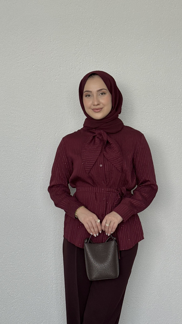 Pul Payet Fularlı Gömlek Bordo