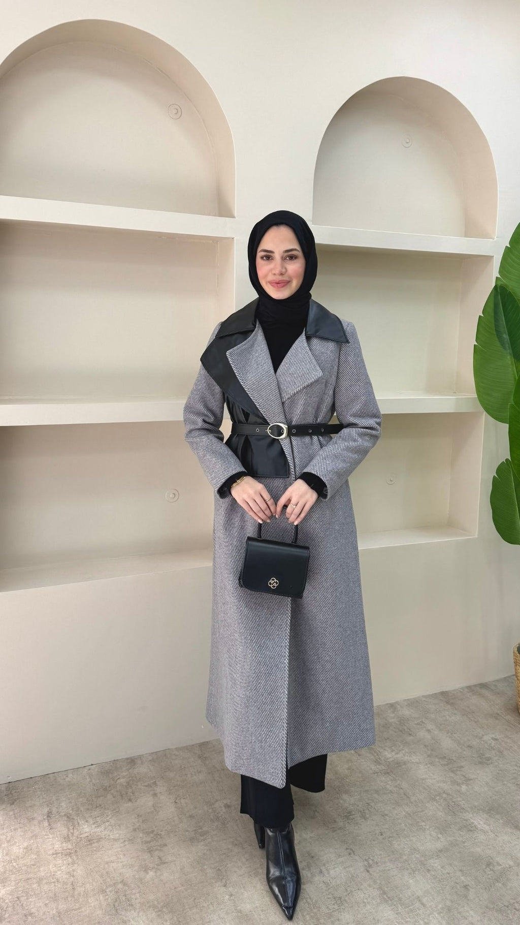 Deri Pelerinli Premium Kaşe Kaban Antırasit