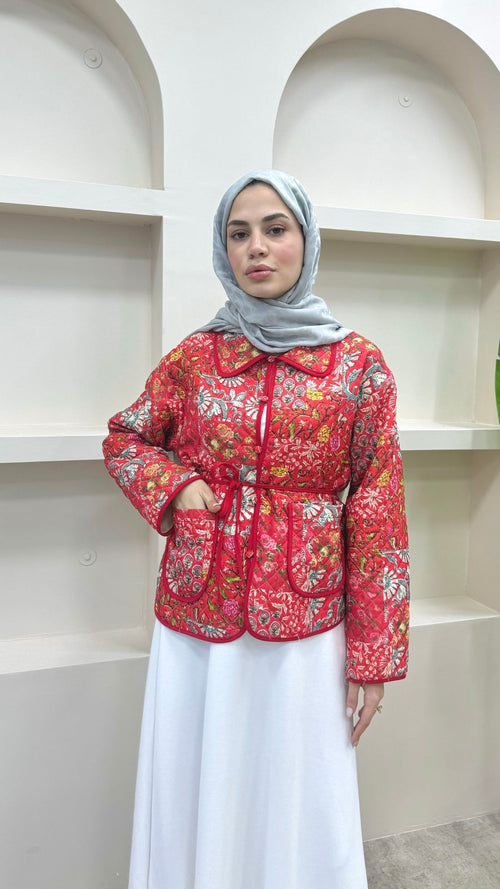 Bağlamalı Etnik Desen Kısa Ceket Kırmızı