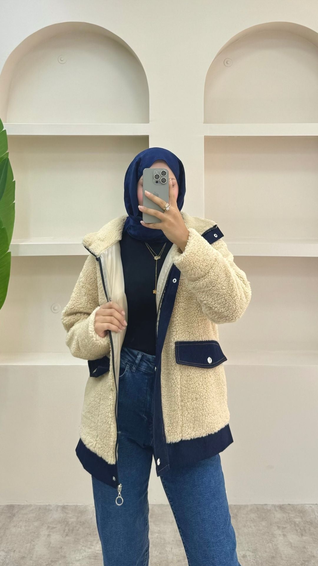 Kot Detaylı Peluş Ceket Krem