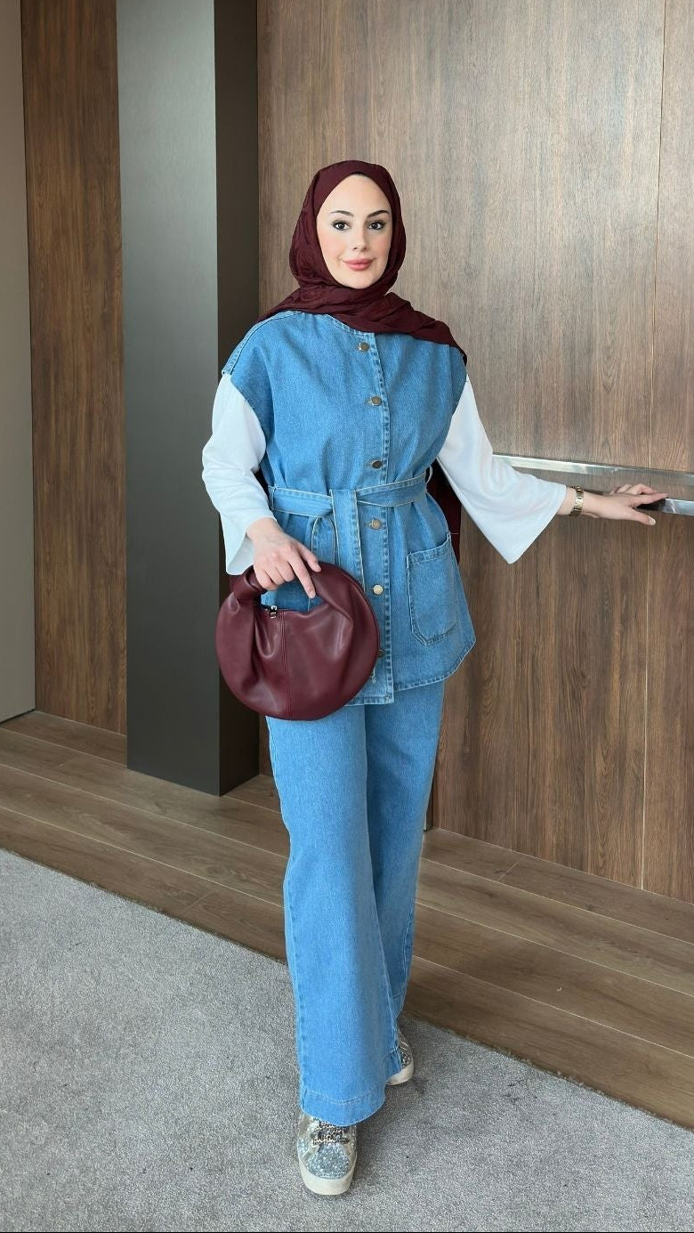 Bianca Yelekli Denim Takım Buz Mavi