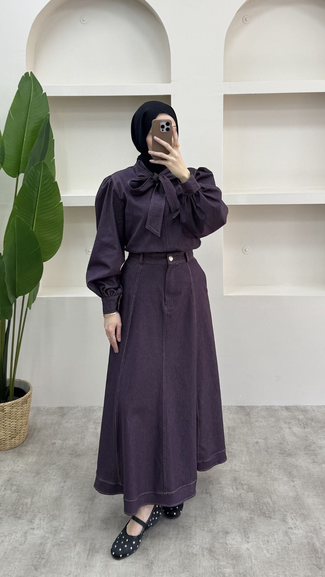 Fularlı Denim Takım Bordo