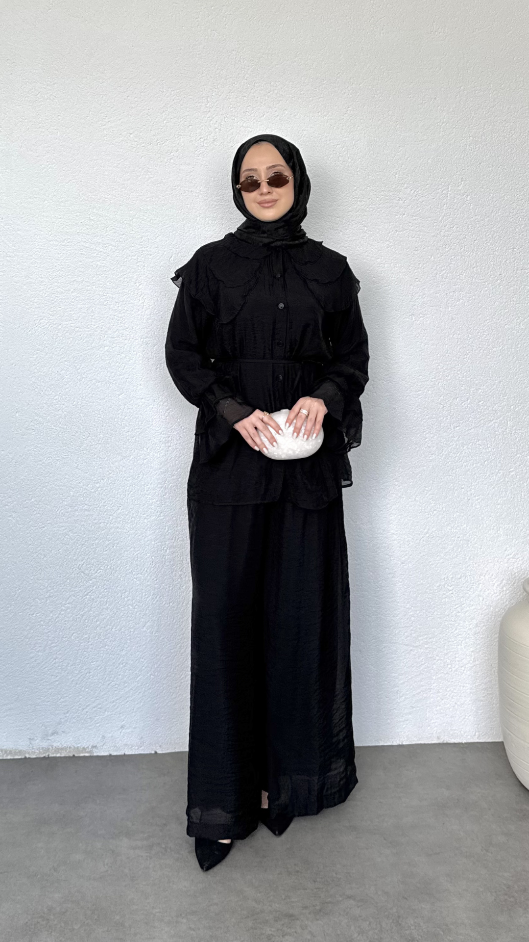 Bebe Yaka Salaş Pantolonlu Takım Siyah