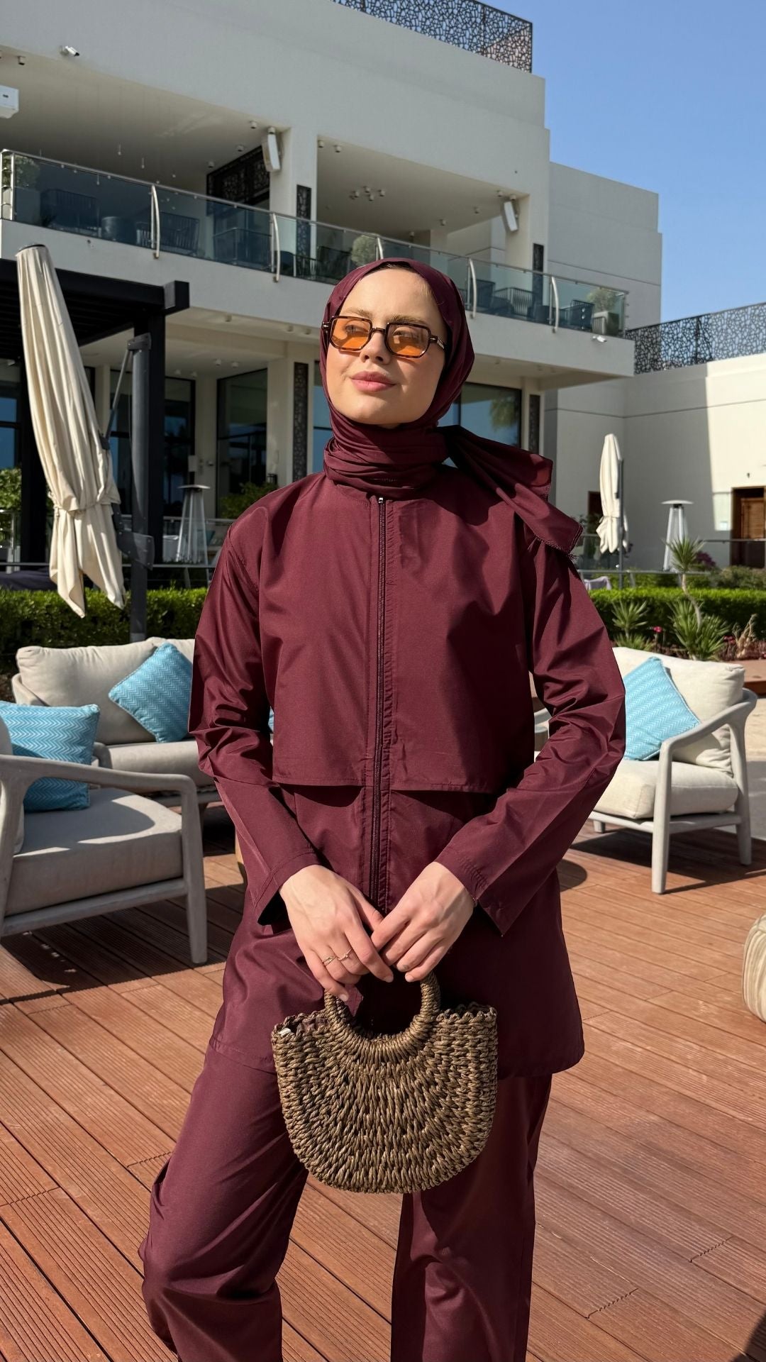 Doha Paraşüt Kumaş 3'lü Tam Kapalı Tesettür Mayo Bordo