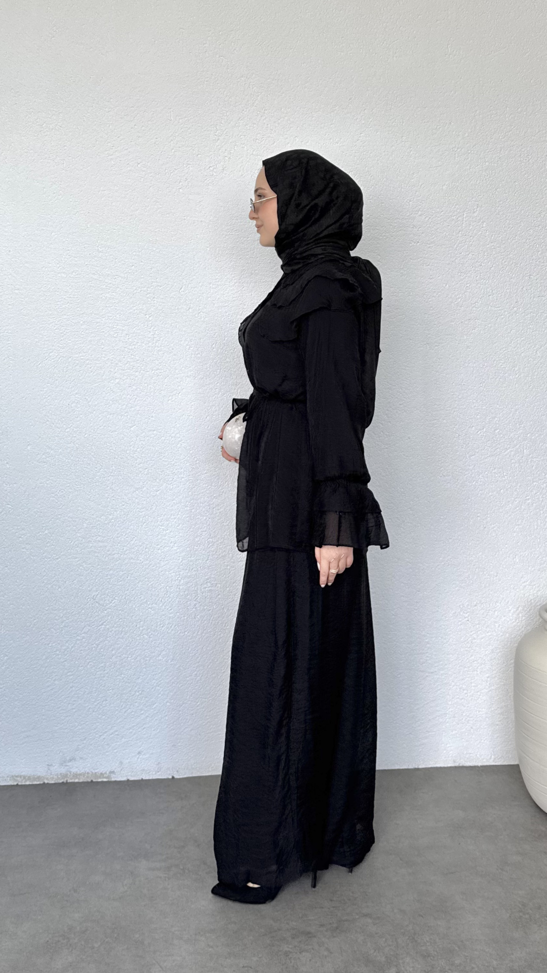 Bebe Yaka Salaş Pantolonlu Takım Siyah