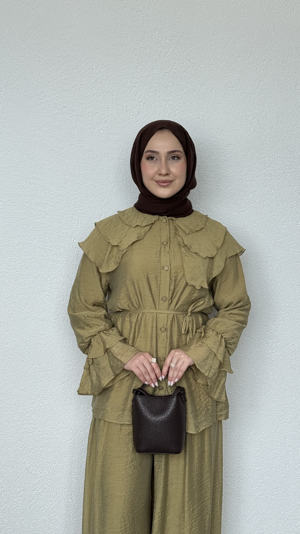 Bebe Yaka Salaş Pantolonlu Takım Yağ Yeşili