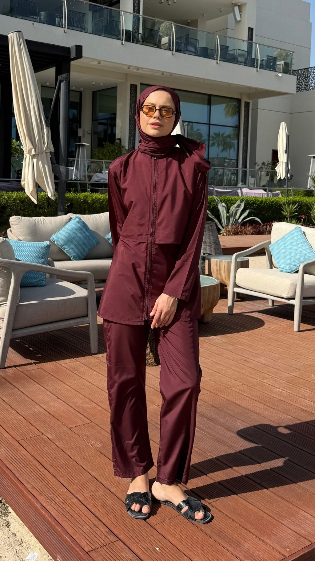 Doha Paraşüt Kumaş 3'lü Tam Kapalı Tesettür Mayo Bordo
