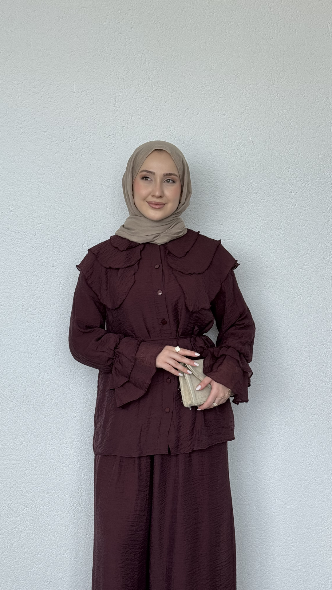 Bebe Yaka Salaş Pantolonlu Takım Bordo