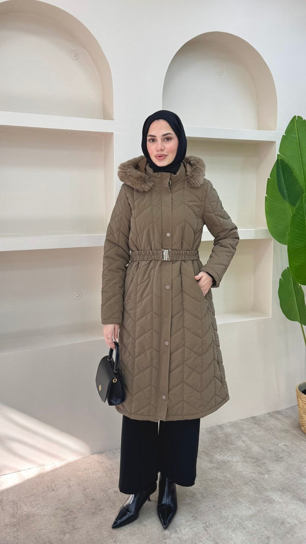 Yakası Kürklü Premium Kapitone Mont Kahverengi