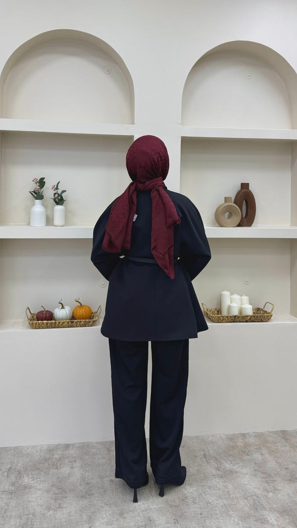 Kruvaze Yaka Kemerli Blazer Ceket Siyah