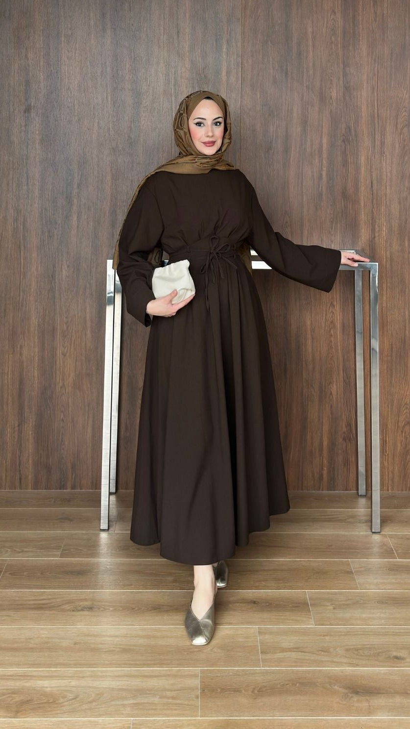 Çift Kuşaklı Elbise Acı Kahve