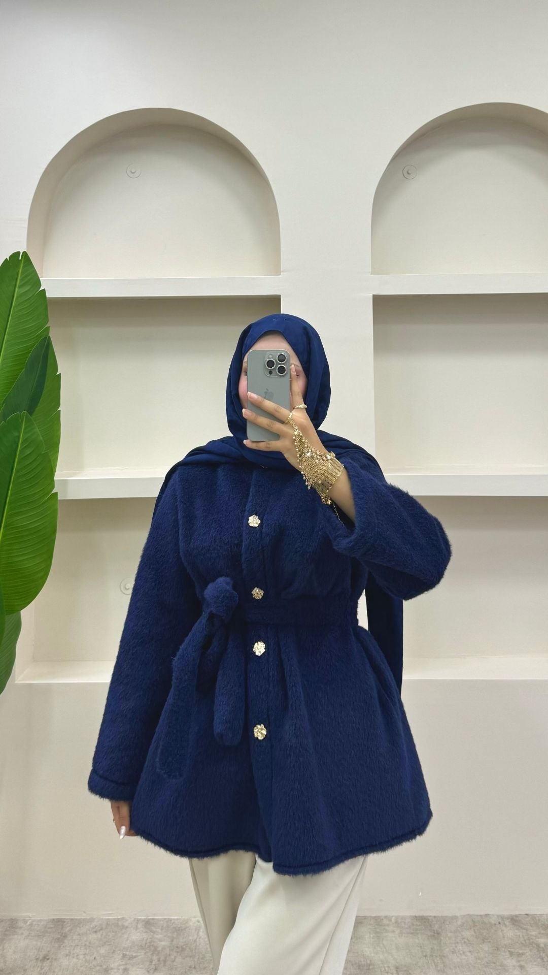 Gold Düğmeli Peluş Ceket Lacivert