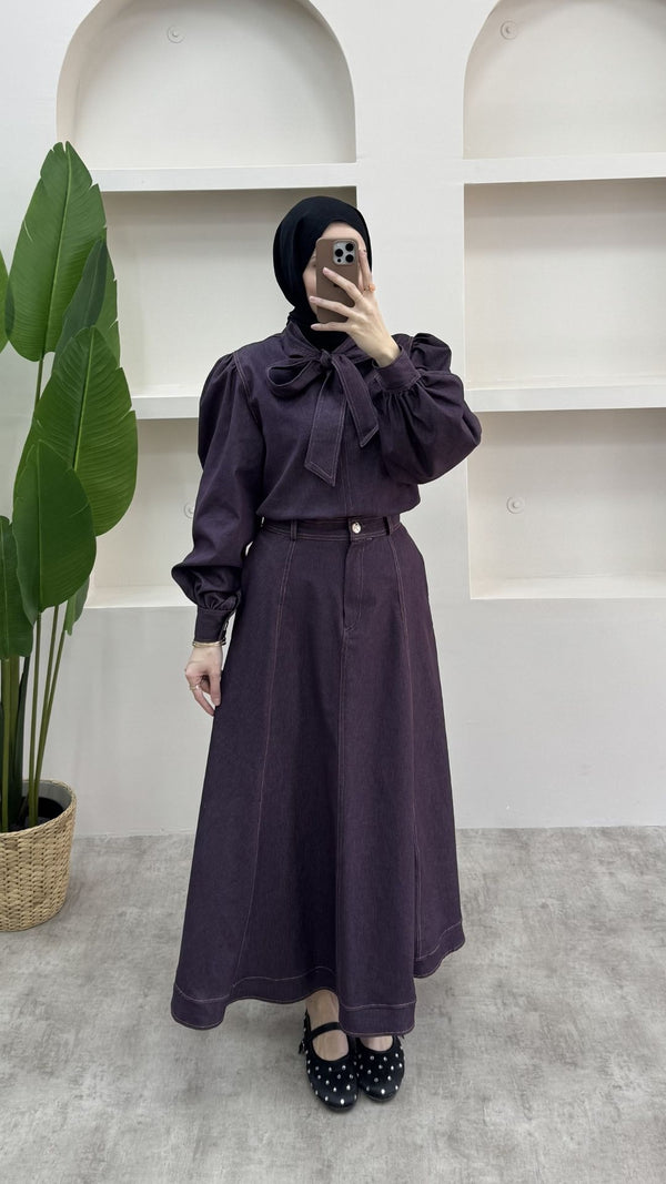 Fularlı Denim Takım Bordo