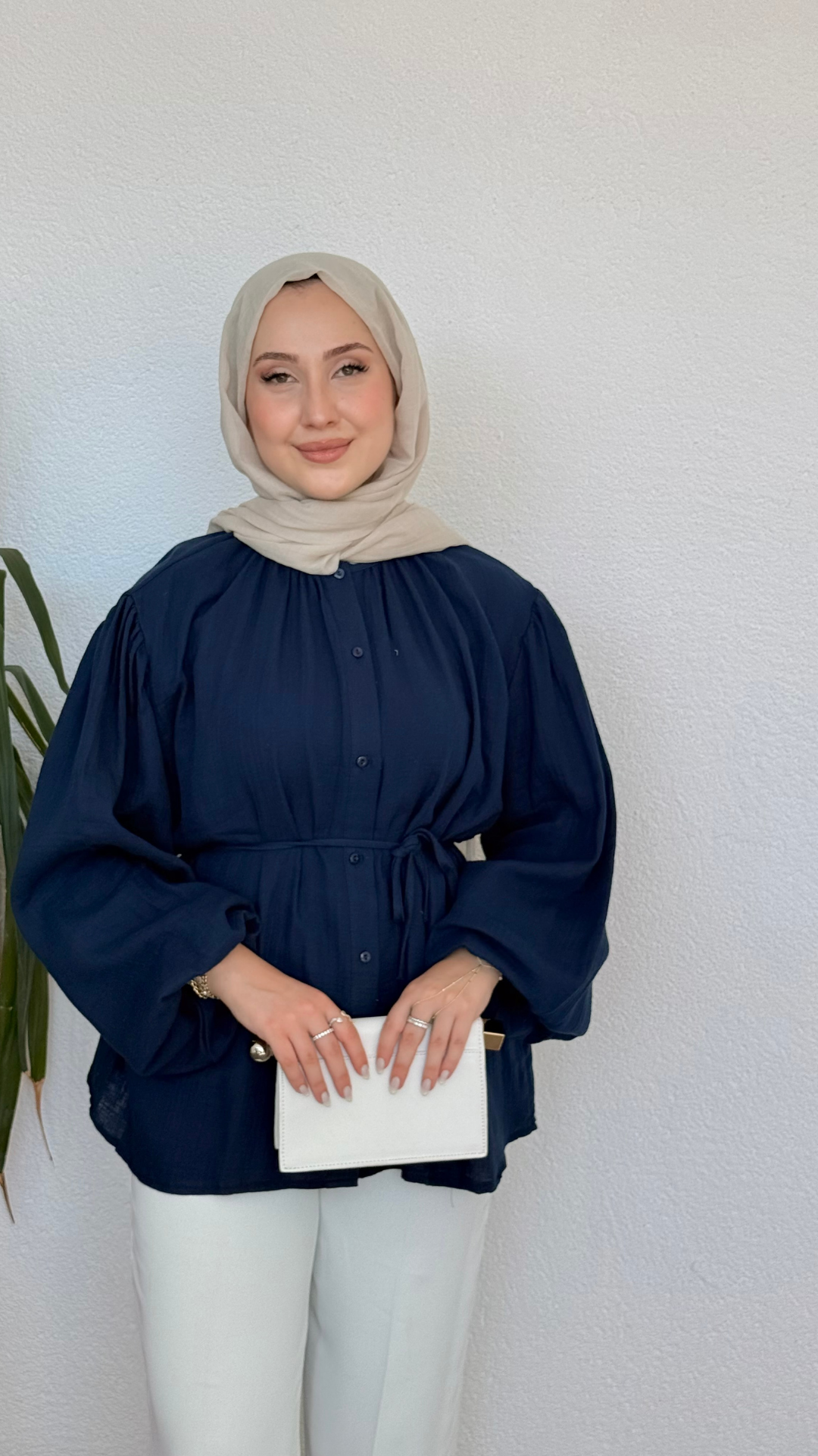 Balon Kol Müslin Kumaş Gömlek Lacivert