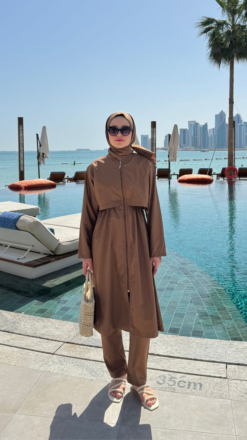 Paraşüt Kumaş Uzun Tesettür Mayo Kahverengi