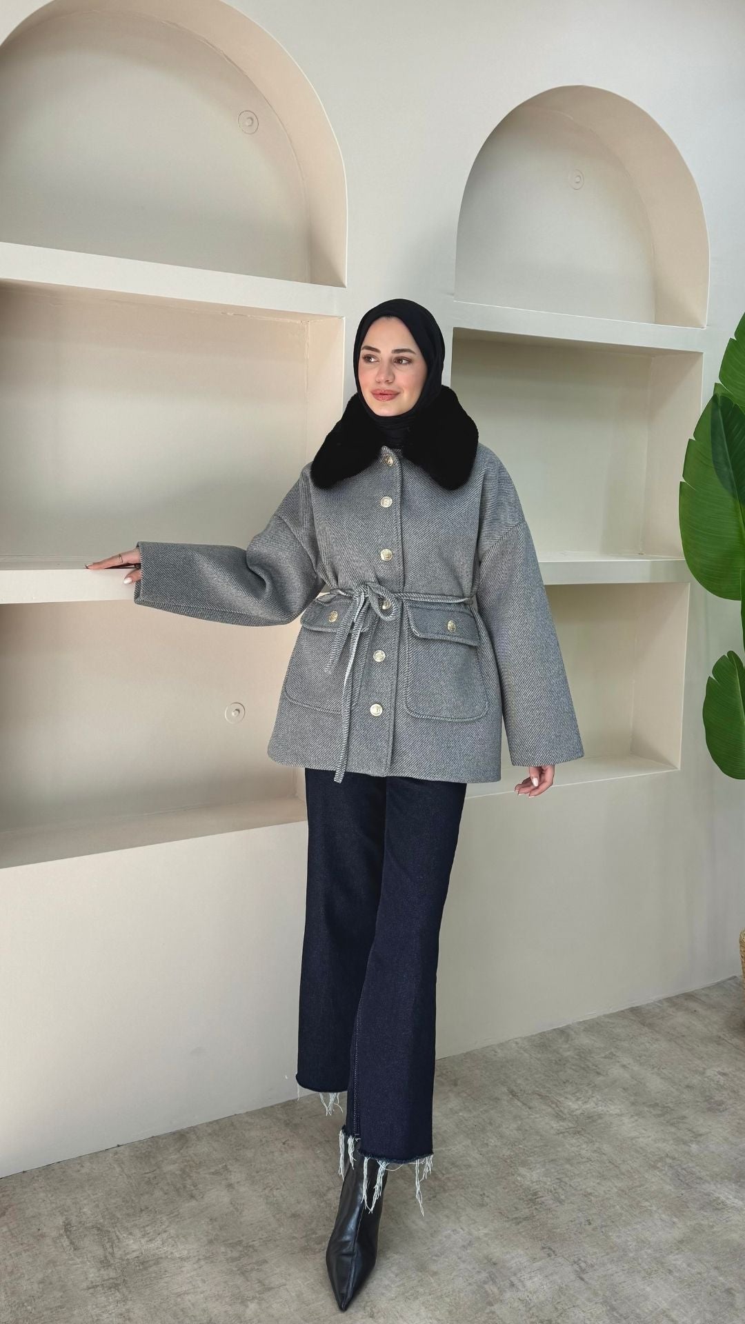 Yakası Kürklü Kaşe Kaban Antırasit