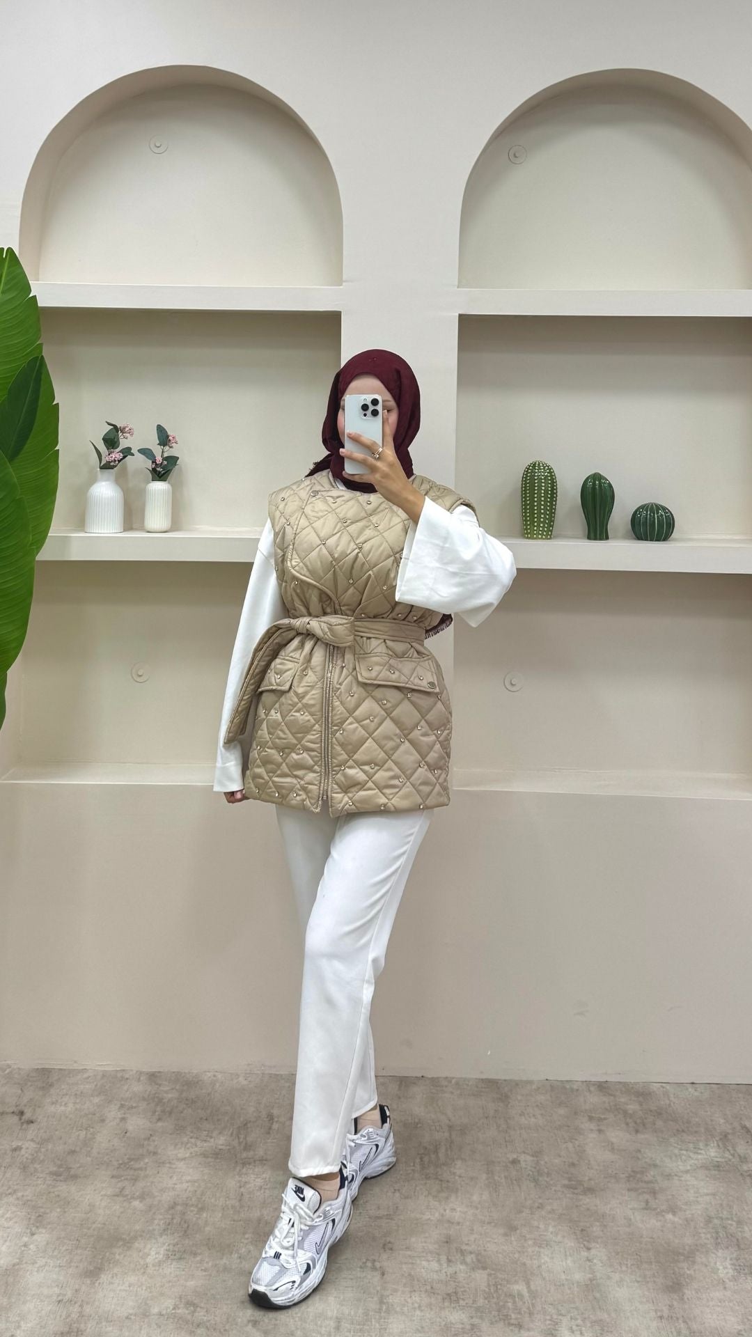 Taşlı Bağlamalı Yelek Krem