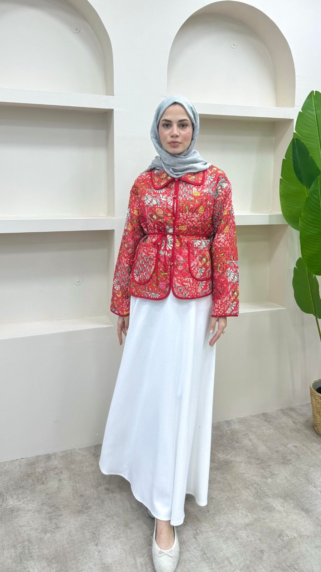 Bağlamalı Etnik Desen Kısa Ceket Kırmızı