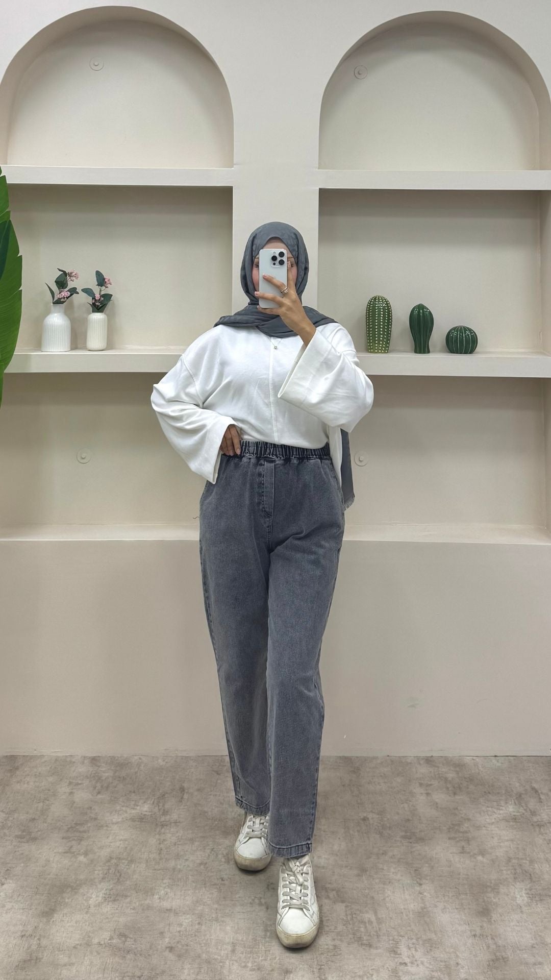 Beli Lastikli Geniş Kesim Mom Jeans Antırasit