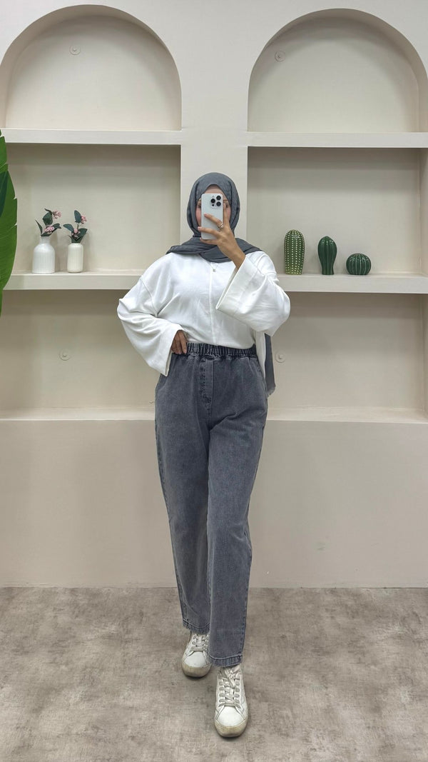 Beli Lastikli Geniş Kesim Mom Jeans Antırasit