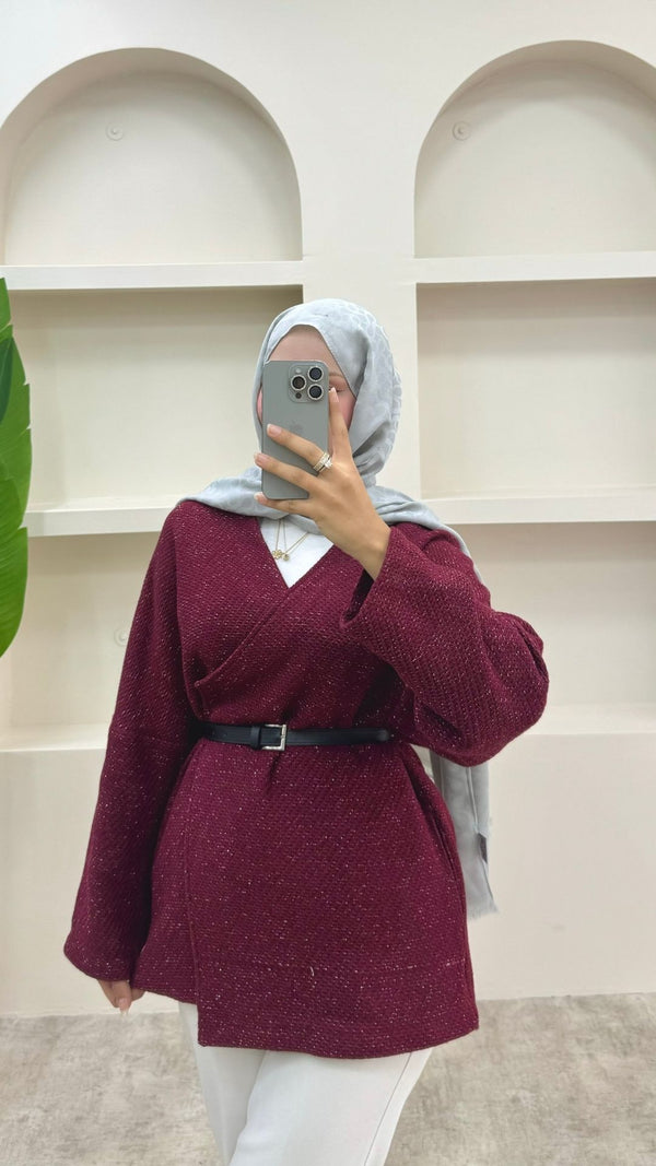 Simli Kemerli Ceket Bordo