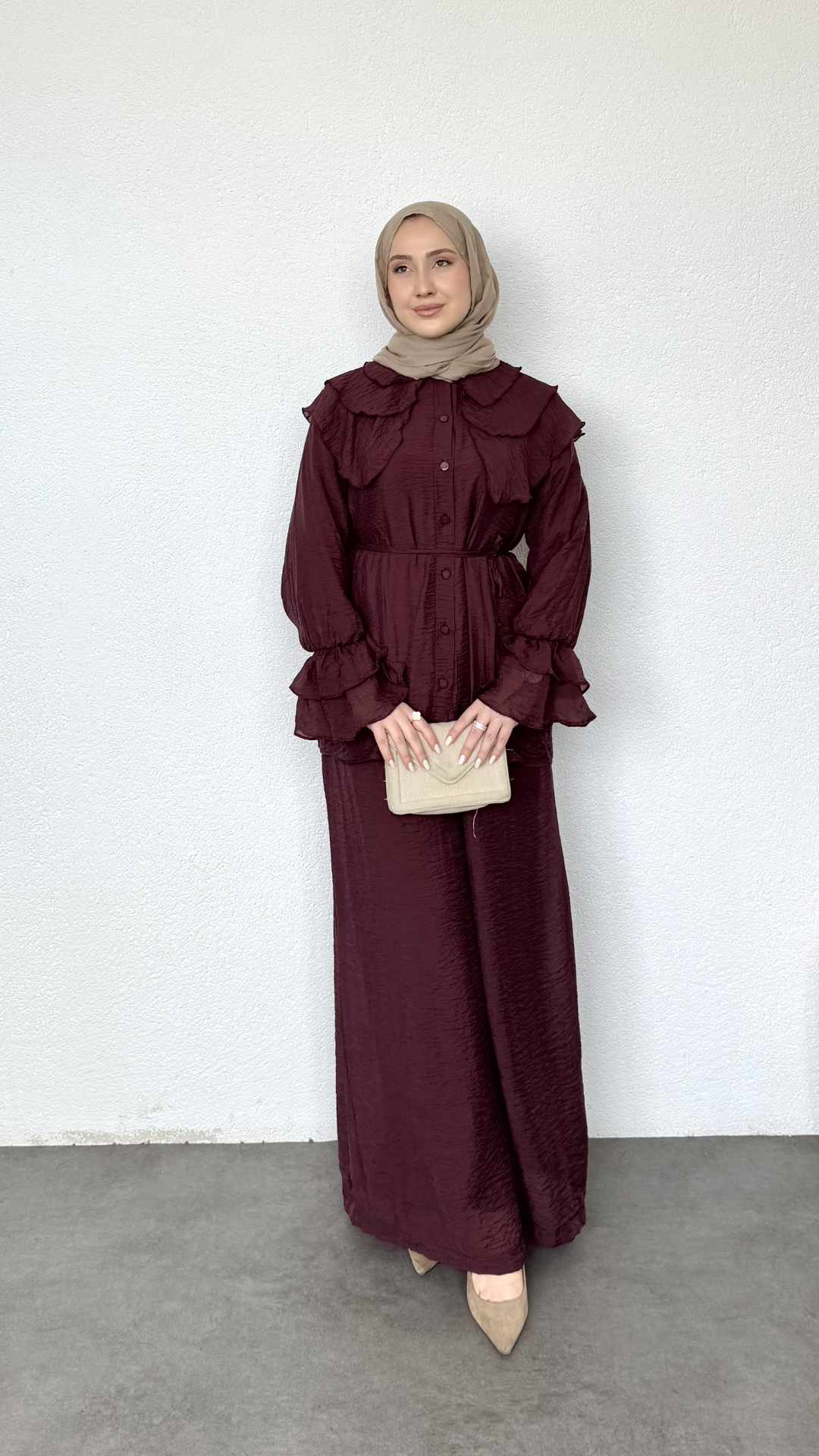 Bebe Yaka Salaş Pantolonlu Takım Bordo