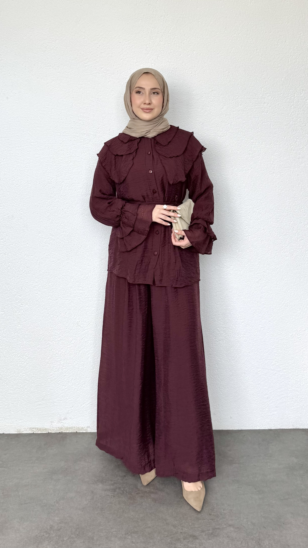 Bebe Yaka Salaş Pantolonlu Takım Bordo