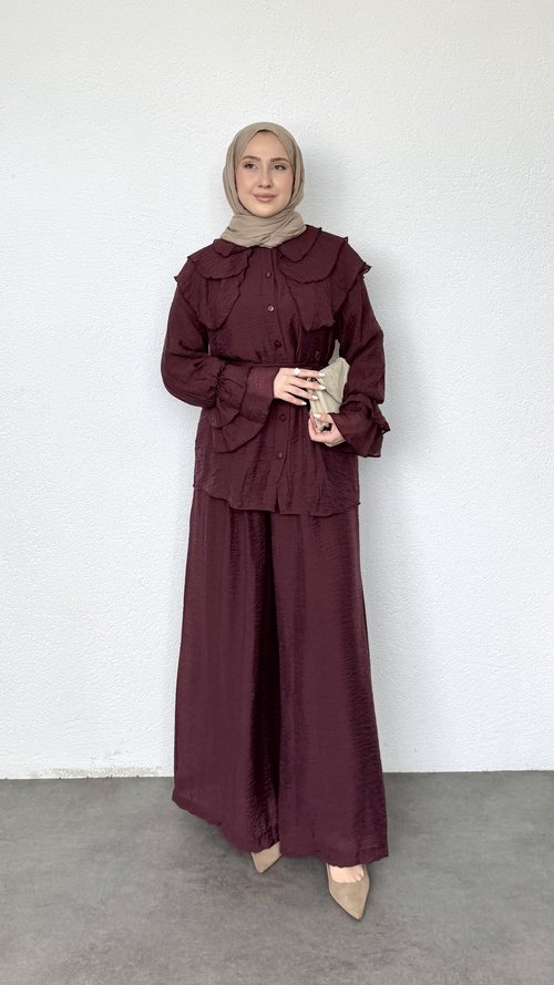 Bebe Yaka Salaş Pantolonlu Takım Bordo