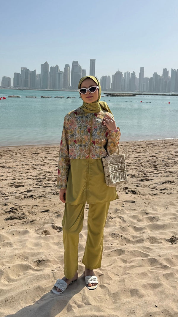 Doha Paraşüt Kumaş 3'lü Tam Kapalı Tesettür Mayo Yağ Yeşil Pastel Desen