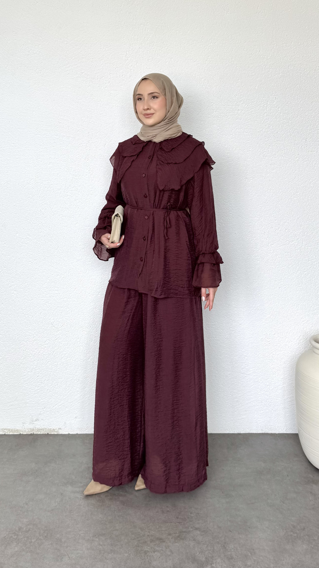 Bebe Yaka Salaş Pantolonlu Takım Bordo
