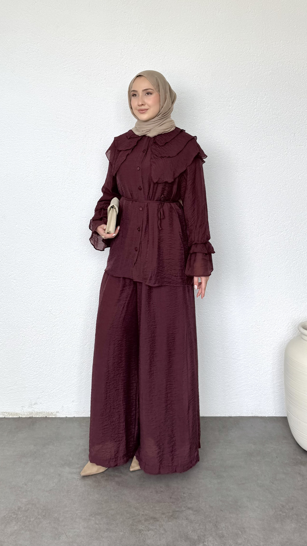 Bebe Yaka Salaş Pantolonlu Takım Bordo