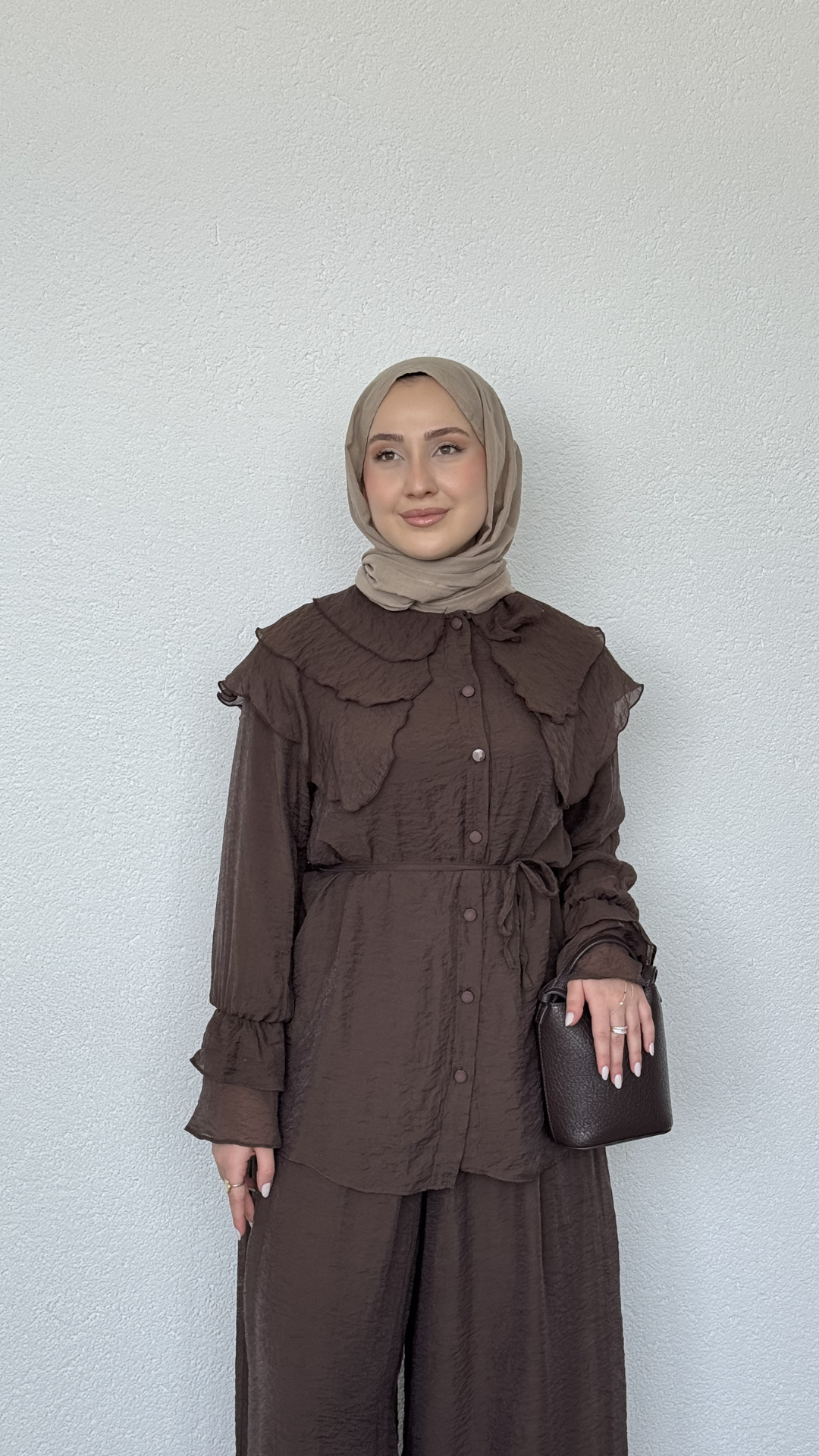 Bebe Yaka Salaş Pantolonlu Takım Kahve