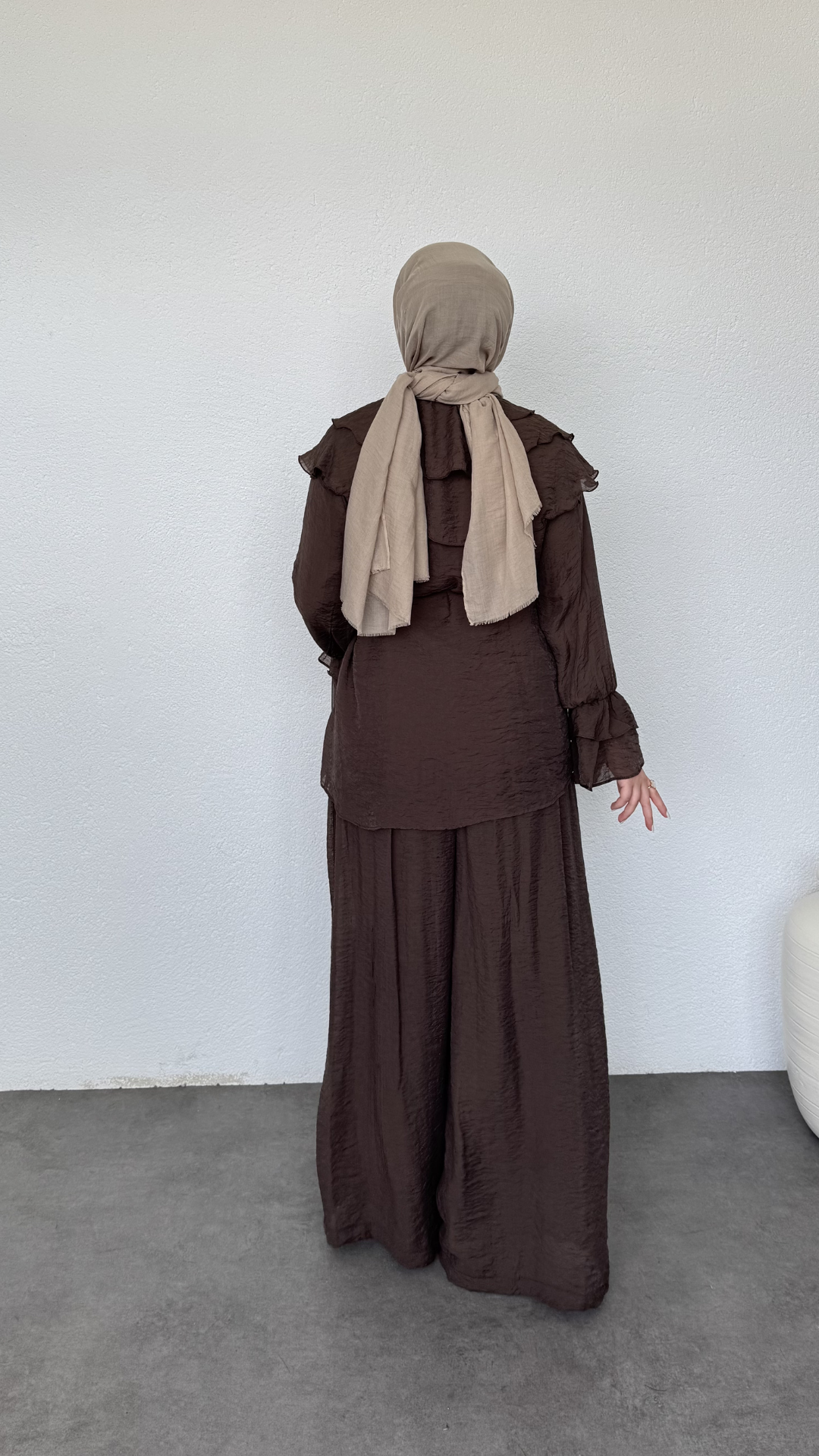 Bebe Yaka Salaş Pantolonlu Takım Kahve