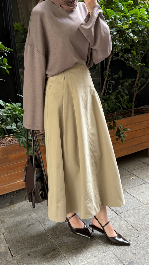Bağcıklı Pileli Gabardin Kumaş Etek Krem
