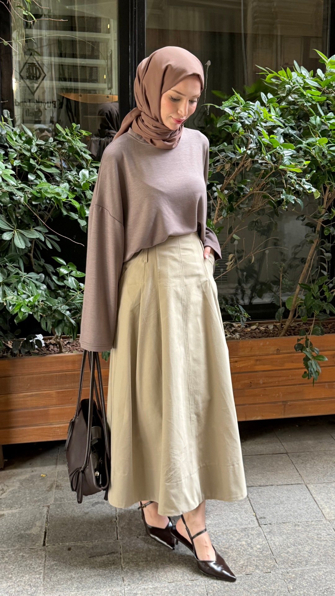 Bağcıklı Pileli Gabardin Kumaş Etek Krem