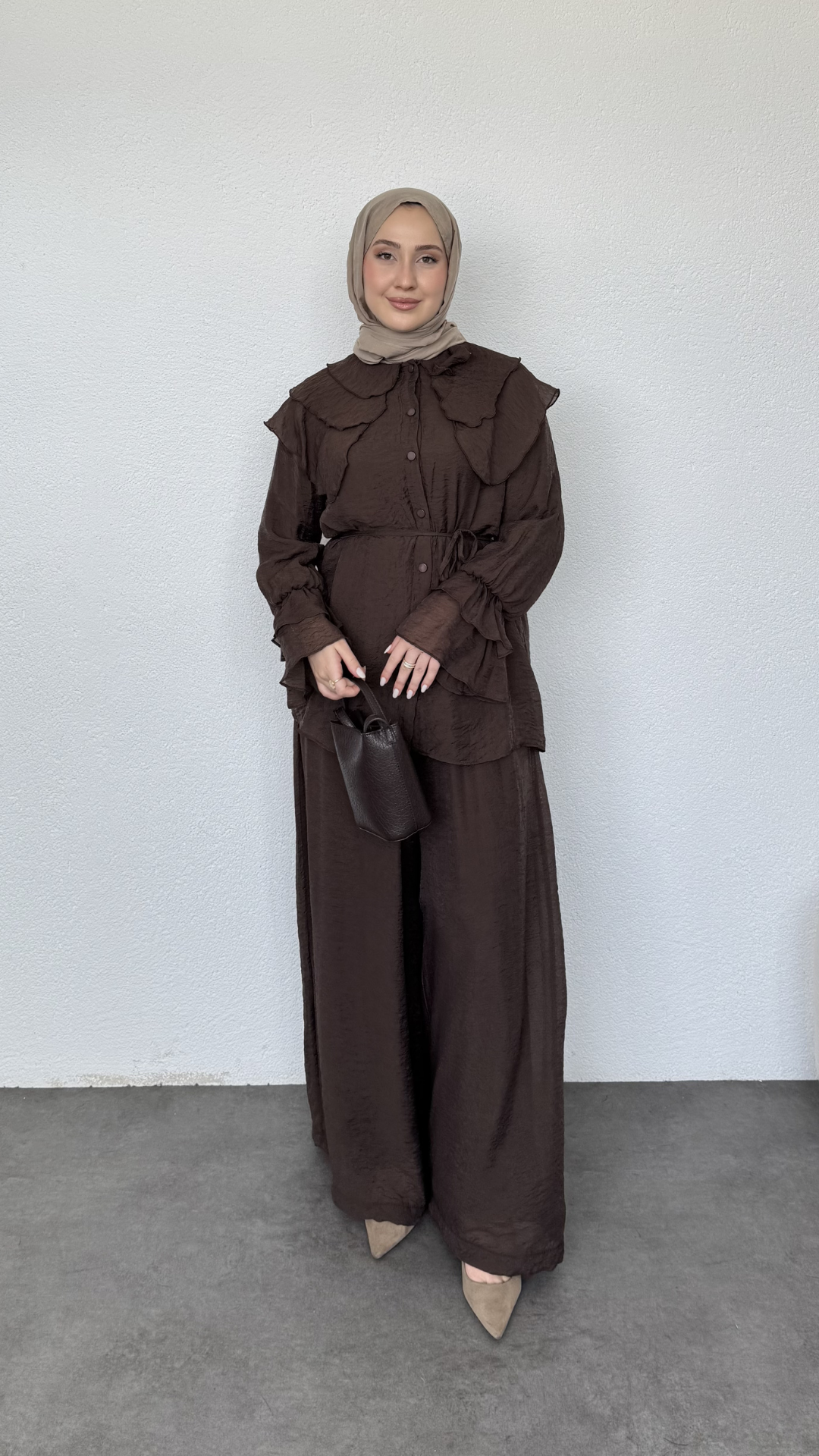 Bebe Yaka Salaş Pantolonlu Takım Kahve