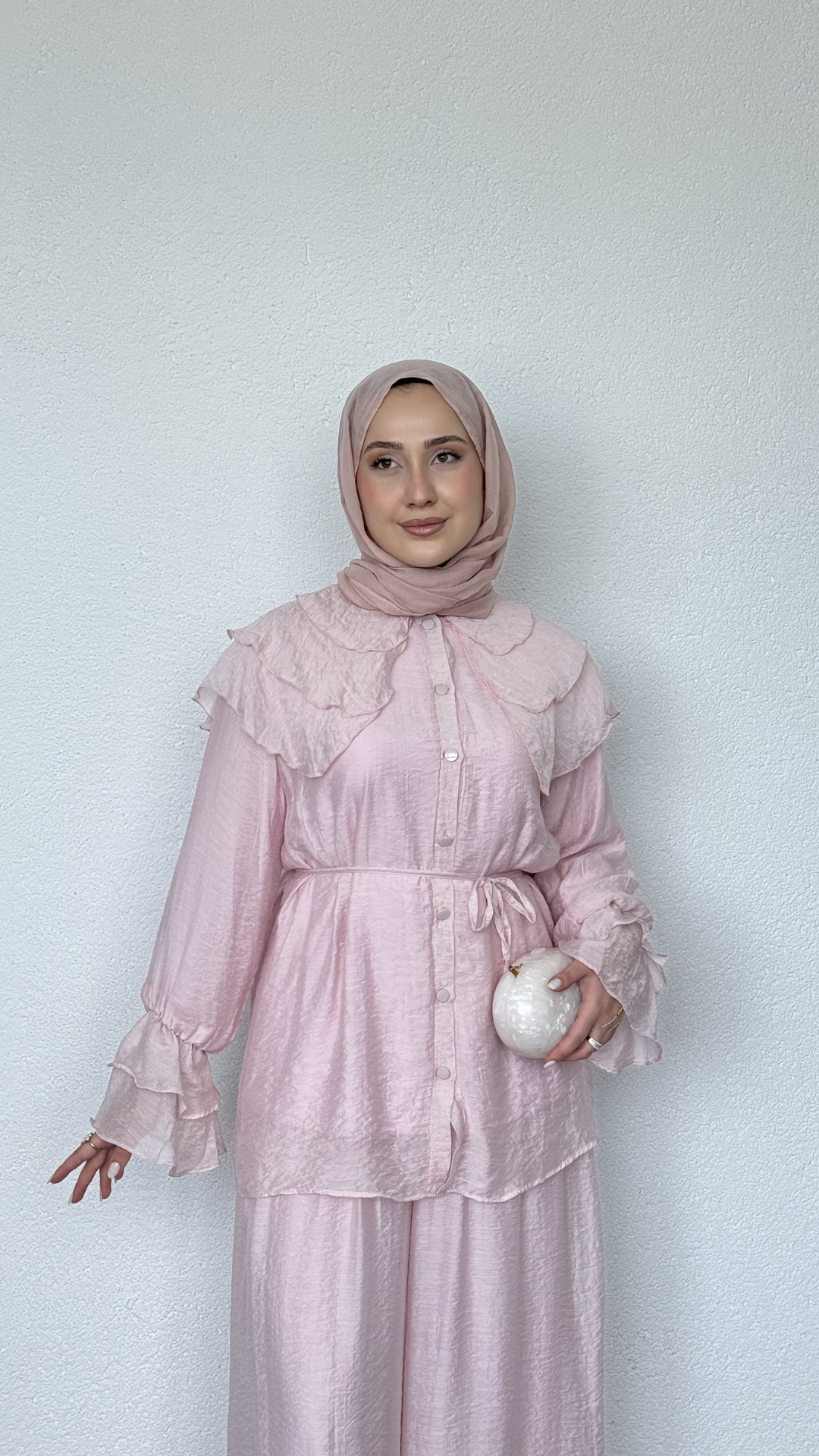 Bebe Yaka Salaş Pantolonlu Takım Toz Pembe