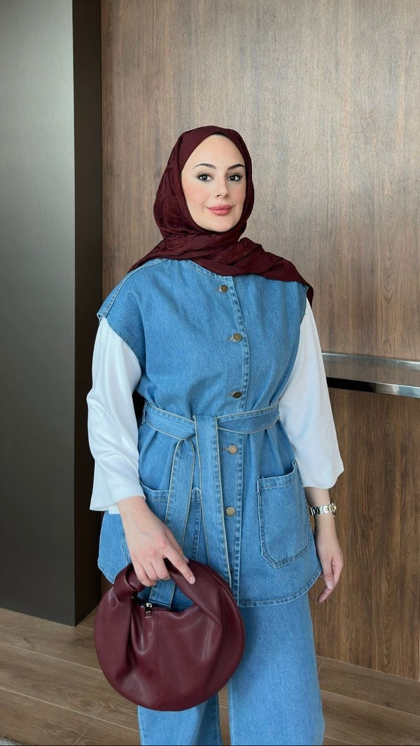 Bianca Yelekli Denim Takım Buz Mavi