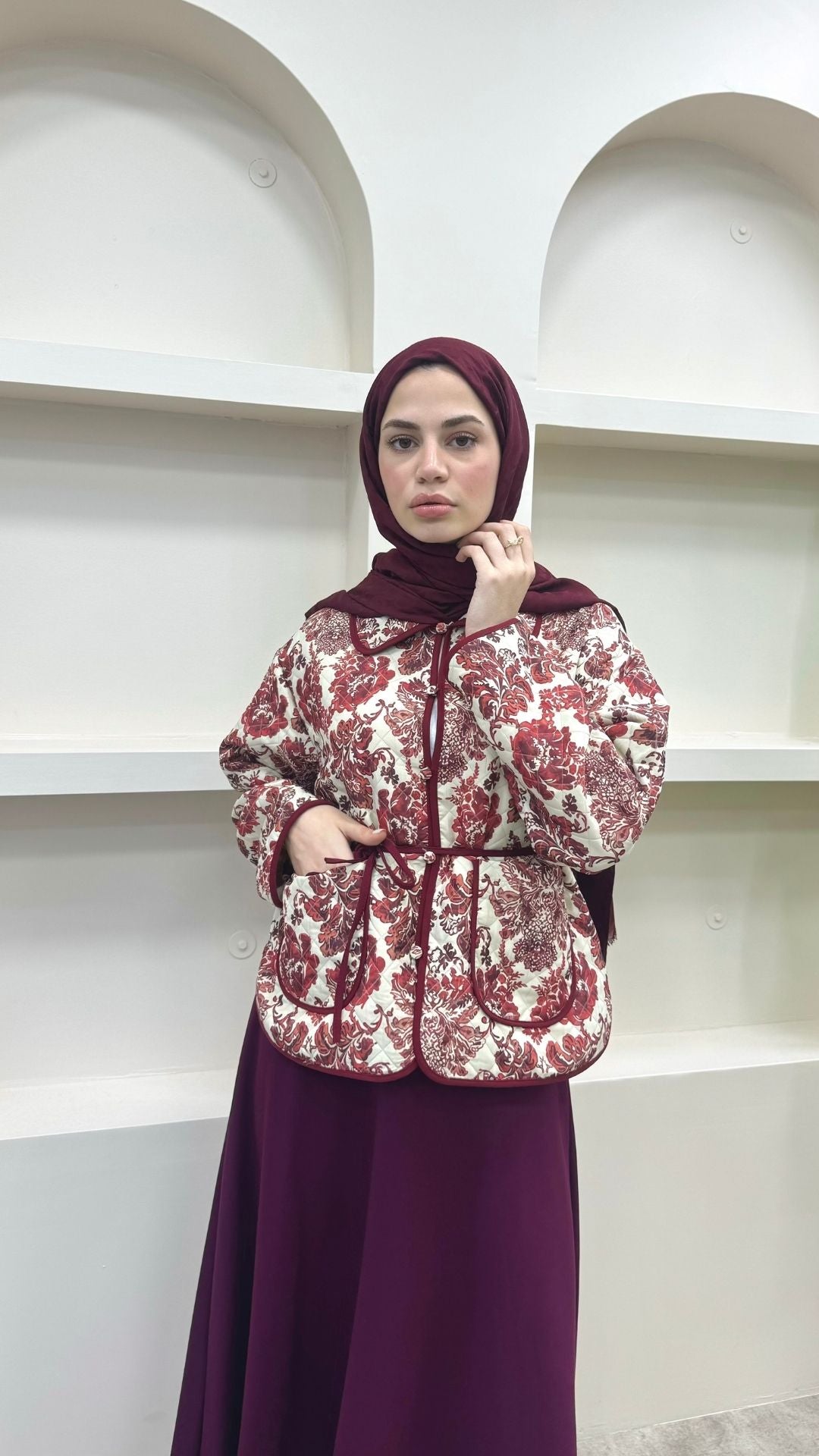 Bağlamalı Etnik Desen Kısa Ceket Bordo