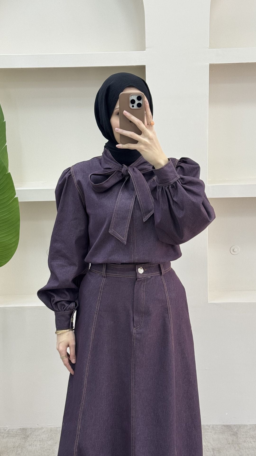 Fularlı Denim Takım Bordo