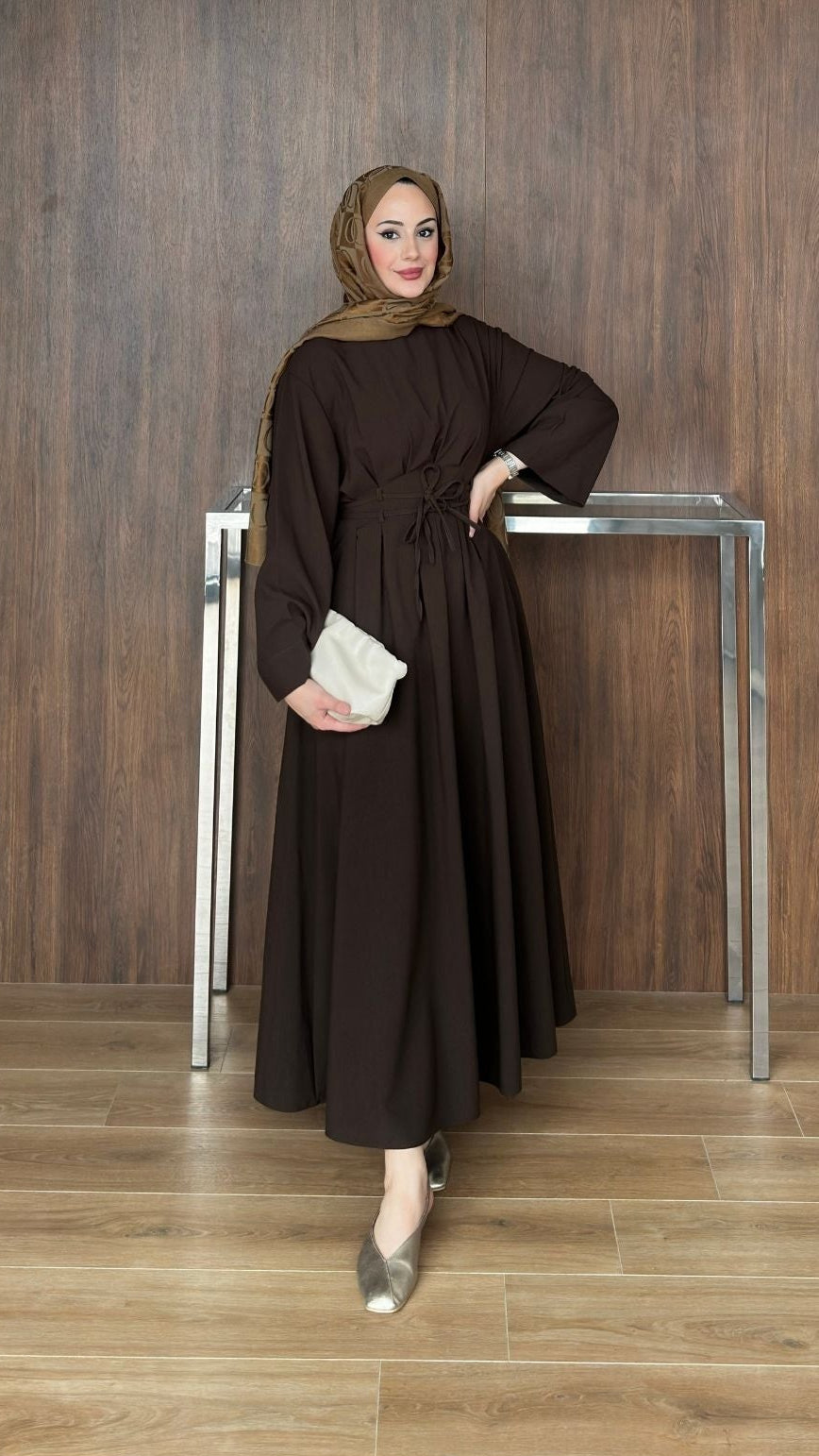 Çift Kuşaklı Elbise Acı Kahve