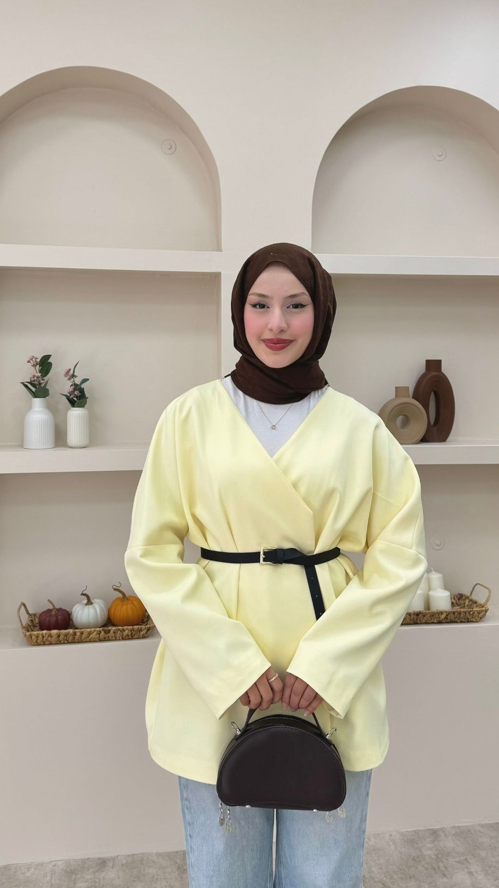 Kruvaze Yaka Kemerli Blazer Ceket Sarı