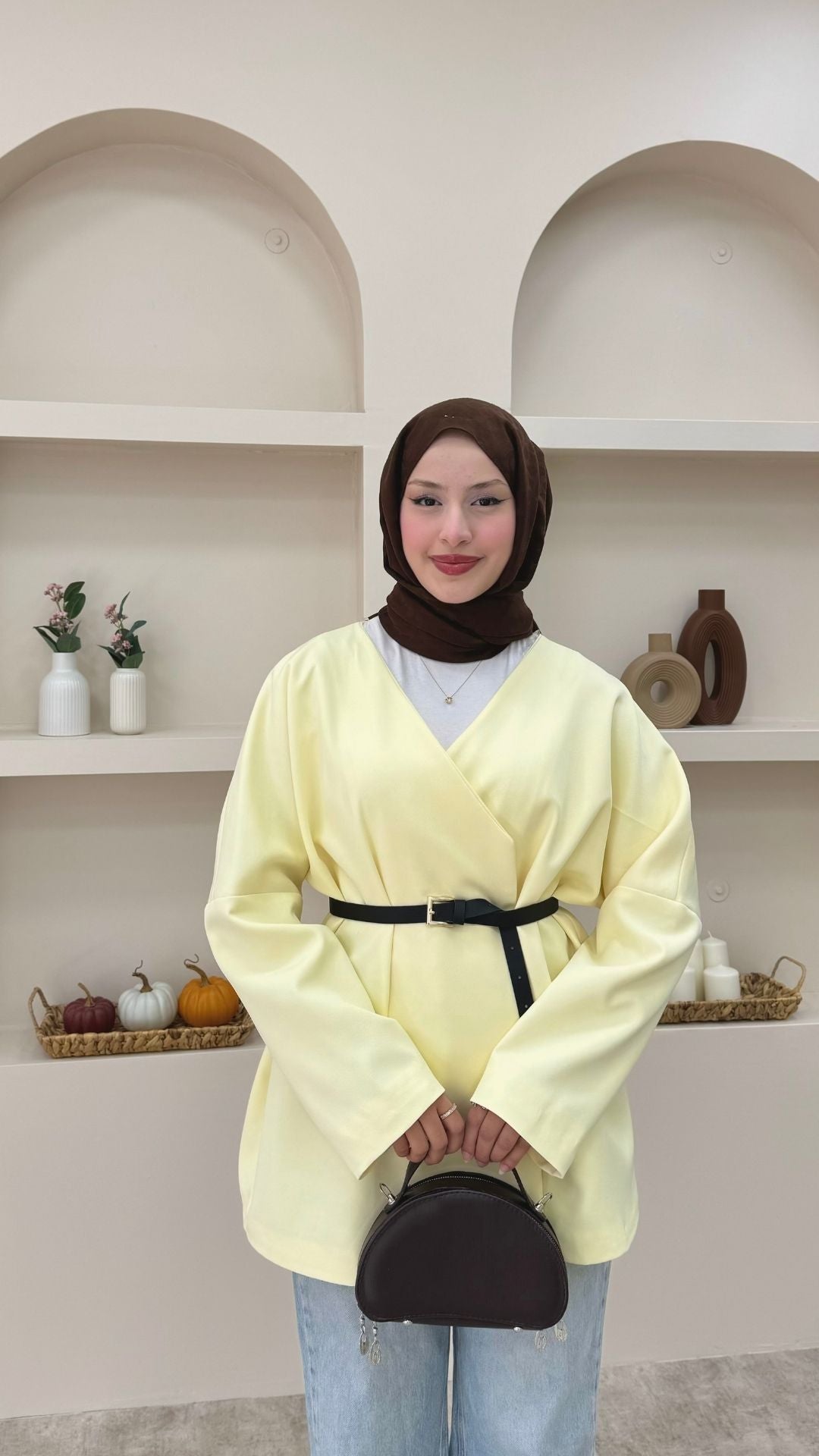 Kruvaze Yaka Kemerli Blazer Ceket Sarı