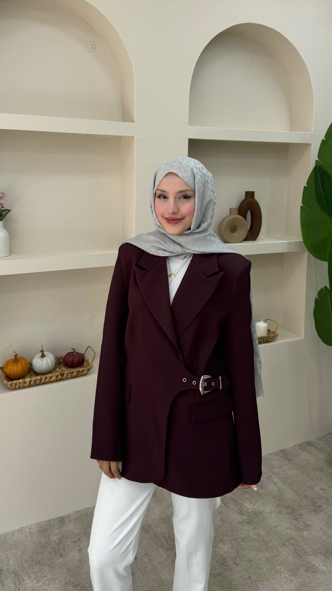 Yandan Kemer Detaylı Blazer Ceket Bordo