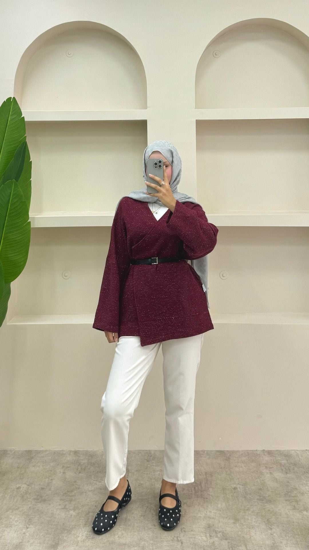 Simli Kemerli Ceket Bordo