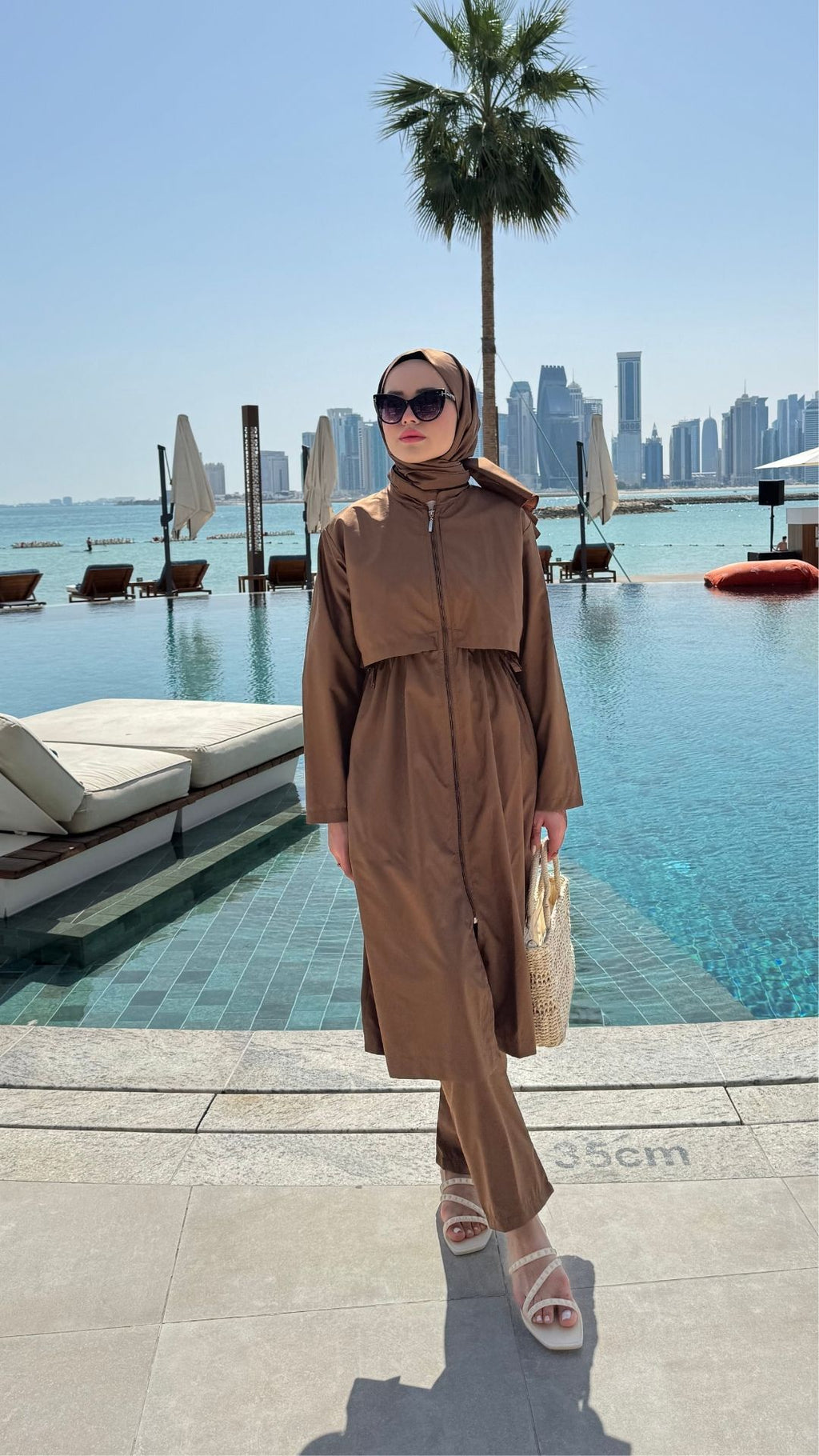 Paraşüt Kumaş Uzun Tesettür Mayo Kahverengi