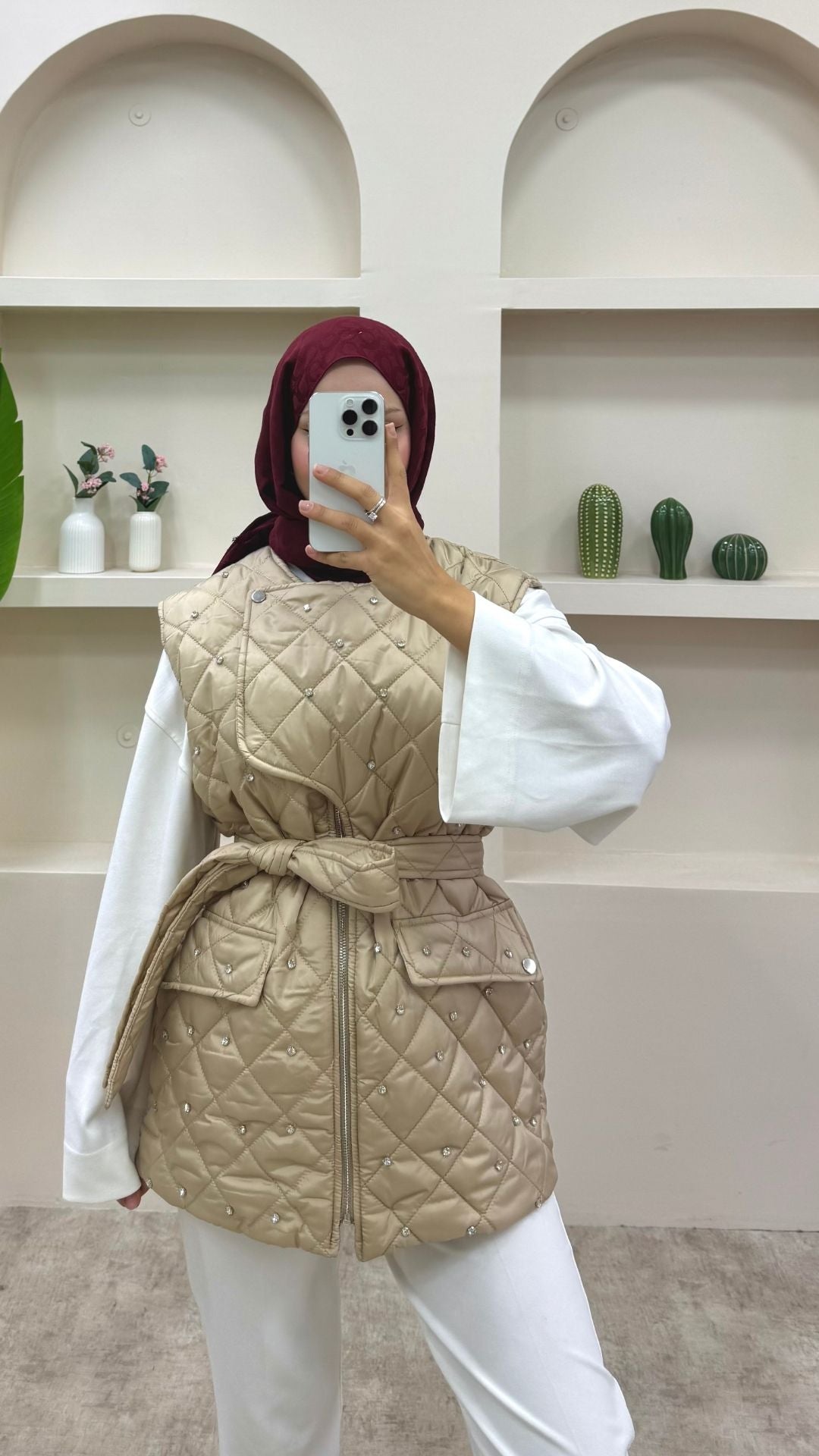 Taşlı Bağlamalı Yelek Krem