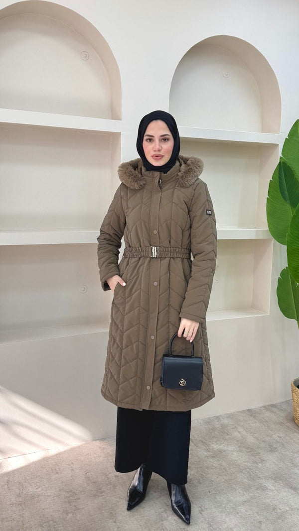 Yakası Kürklü Premium Kapitone Mont Kahverengi