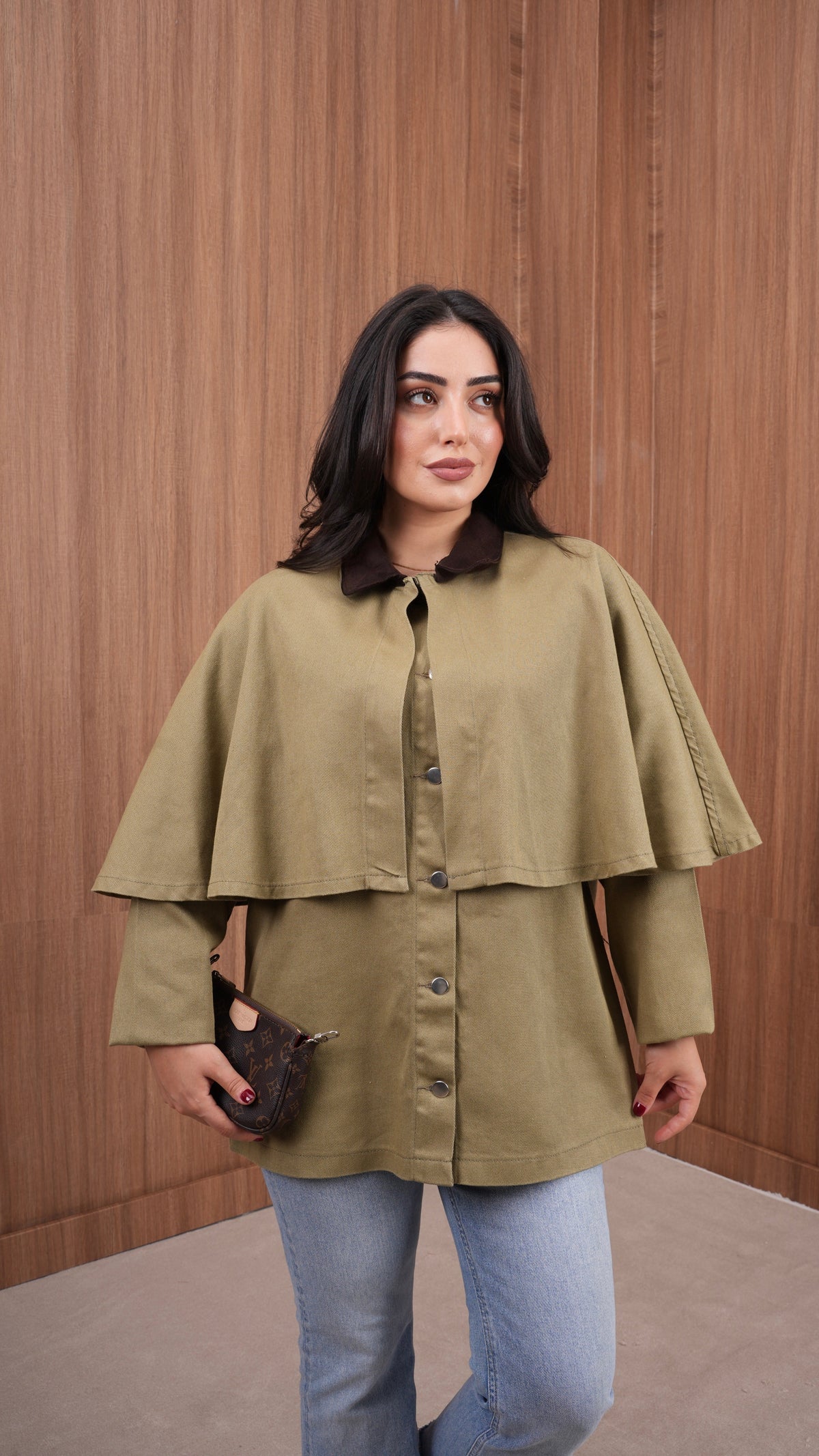 Pelerinli Gabardin Ceket Yeşil
