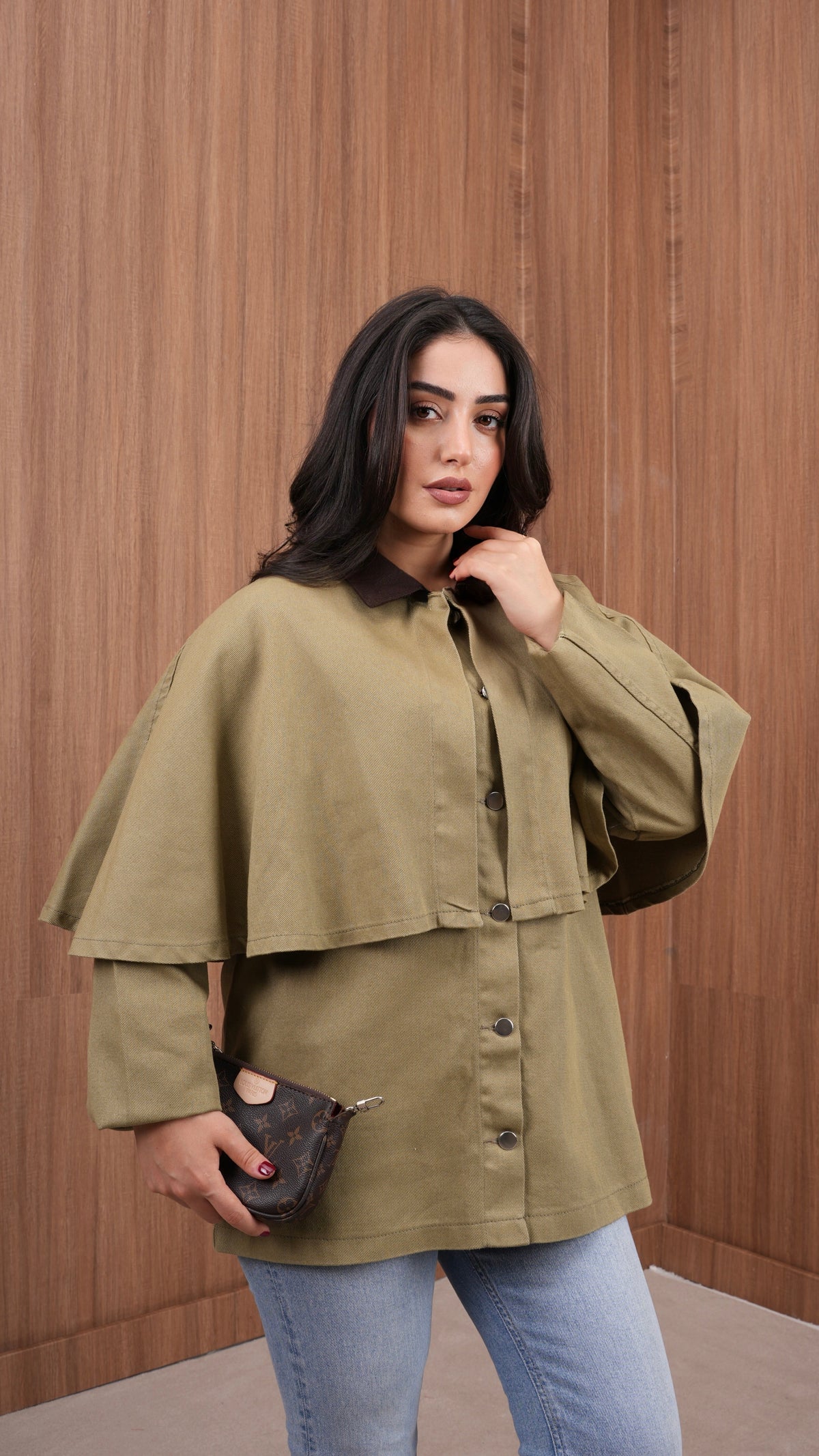 Pelerinli Gabardin Ceket Yeşil